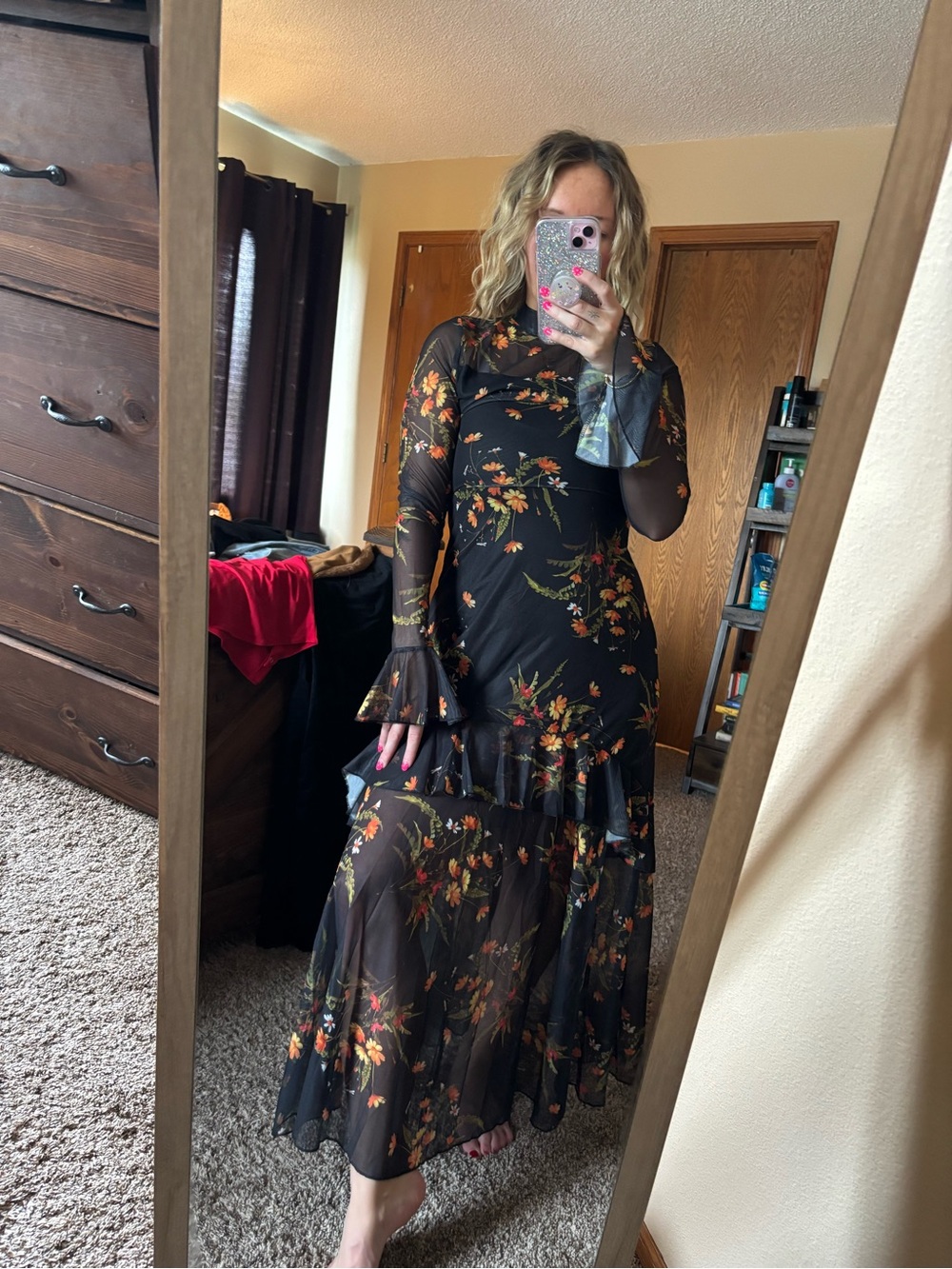 Viral TikTok Black Floral Mesh Maxi Dress - Elegant Long Sleeve Evening Dress